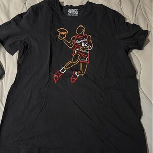 Johnny Cupcakes Black Short Sleeve Tee with Red and Tan Basketball Graphic